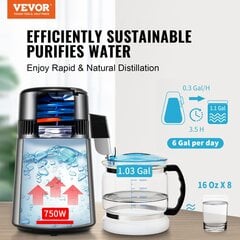 Vandens distiliatorius Vevor, 750W, 1 L/H, 4L, sidabrinis kaina ir informacija | Vandens filtrai, valymo įrenginiai | pigu.lt