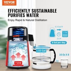 Vandens distiliatorius Vevor, 750W, 1 L/H, 4L, raudonas kaina ir informacija | Vandens filtrai, valymo įrenginiai | pigu.lt