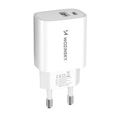 Tinklo įkroviklis, Wozinsky WGWCB1, 20 W., USB-A, USB-C, 100-240 V., baltas kaina ir informacija | Atsarginiai maitinimo šaltiniai (power bank) | pigu.lt