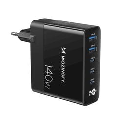 Tinklo įkroviklis, Wozinsky CGWCB1, 100-240 V., GaN 140 W., 3x USB-C, 2x USB-A, juodas kaina ir informacija | Atsarginiai maitinimo šaltiniai (power bank) | pigu.lt