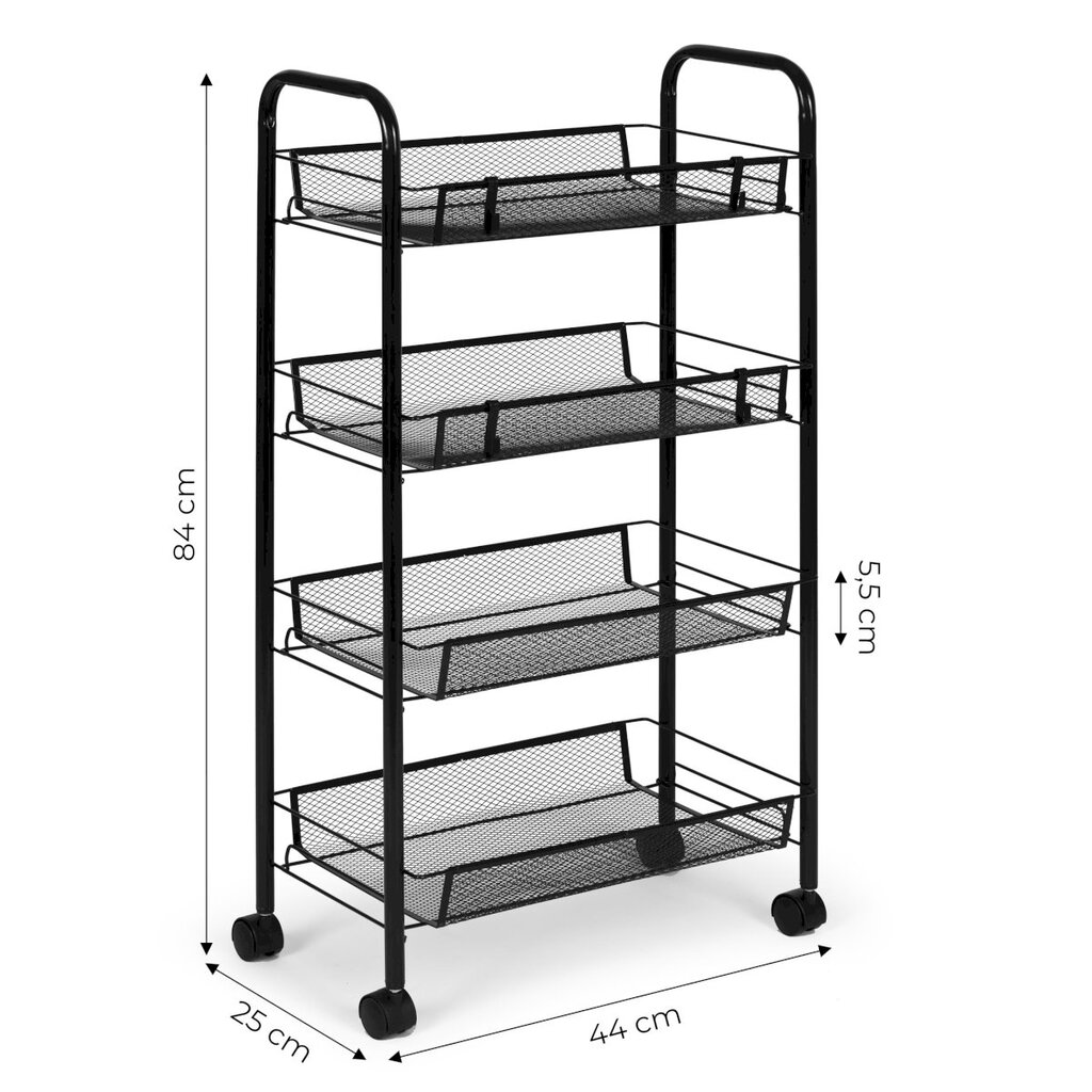 Metalo mobili vonios kambario knygų spinta su 4 lentynomis ir ratukais, Modern Home, 84 cm. x 25 cm. x 44 cm., juoda kaina ir informacija | Lentynos | pigu.lt