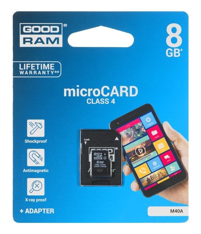 Atminties kortelė Goodram micro SDHC 8GB Class 4 +adapteris цена и информация | Atminties kortelės telefonams | pigu.lt