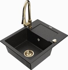 Granitinė virtuvinė plautuvė Mexen Enzo su maišytuvu ir sifonu, Metallic black/silver+Gold kaina ir informacija | Virtuvinės plautuvės | pigu.lt