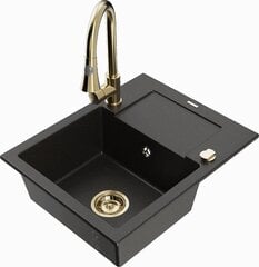 Granitinė virtuvinė plautuvė Mexen Enzo su maišytuvu ir sifonu, Metallic black/gold+Gold kaina ir informacija | Virtuvinės plautuvės | pigu.lt