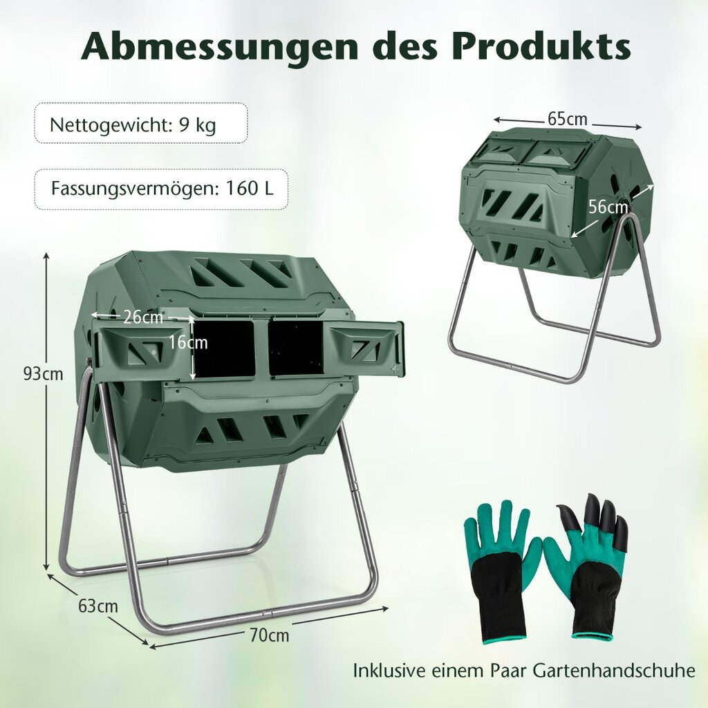 Costway 160L būgninis komposteris sodo komposteris dviguba kamera 360° pasukamas 70 x 63 x 93 cm žalias цена и информация | Sodo įrankiai | pigu.lt