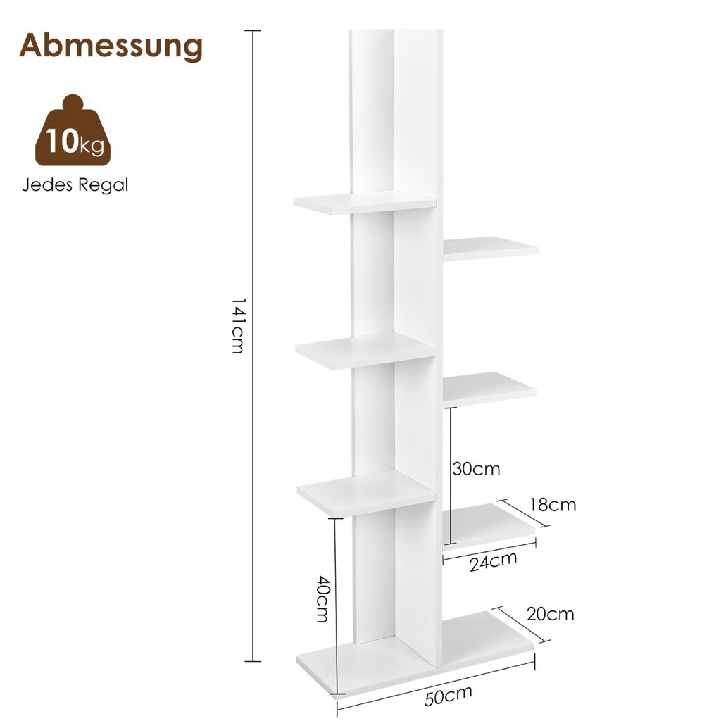 Costway medžio formos knygų spinta su 8 lentynomis Laisvai pastatoma lentyna Biuro lentyna 50 x 20 x 141 cm balta kaina ir informacija | Lentynos | pigu.lt