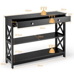 Costway 3 lygių konsolinis stalas su stalčiumi ,100 x 30 x 80 cm, juodas kaina ir informacija | Stalai-konsolės | pigu.lt