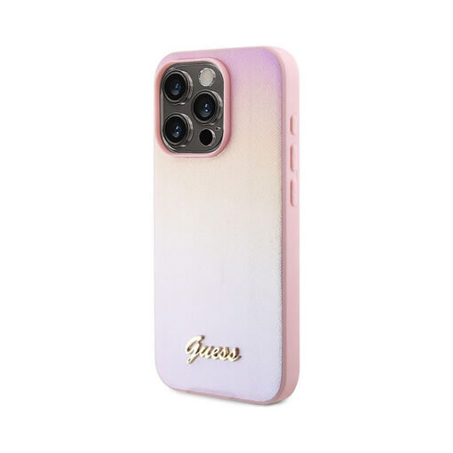 Oriģinālais GUESS (Saffiano Iridescent Script) iPhone 15 Proб rožinis kaina ir informacija | Telefono dėklai | pigu.lt