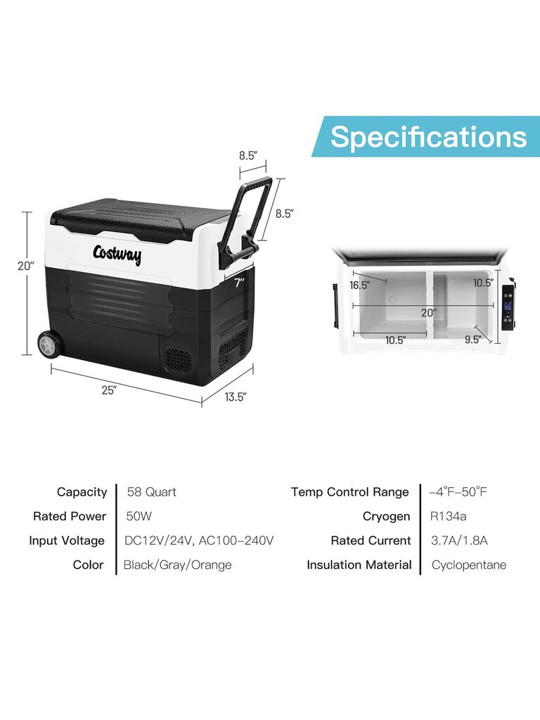 Costway 58 Quarts Automobilinis šaldytuvas Nešiojamas RV šaldiklis su dviem zonomis su ratu цена и информация | Intymios higienos prausikliai | pigu.lt