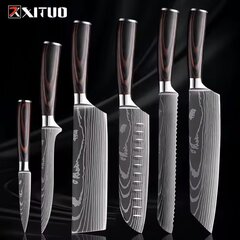 Profesionalus 6 dalių virtuvinių peilių rinkinys, aštrus Santoku šefo peilis, 7Cr17Mov nerūdijantis plienas su ergonomiška medine rankena. kaina ir informacija | Peiliai ir jų priedai | pigu.lt