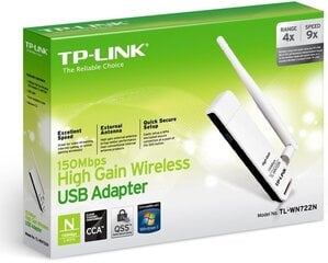Bevielio tinklo adapteris TP-Link TL-WN722N, 802.11b/g/n, 150 Mbps kaina ir informacija | Maršrutizatoriai (routeriai) | pigu.lt