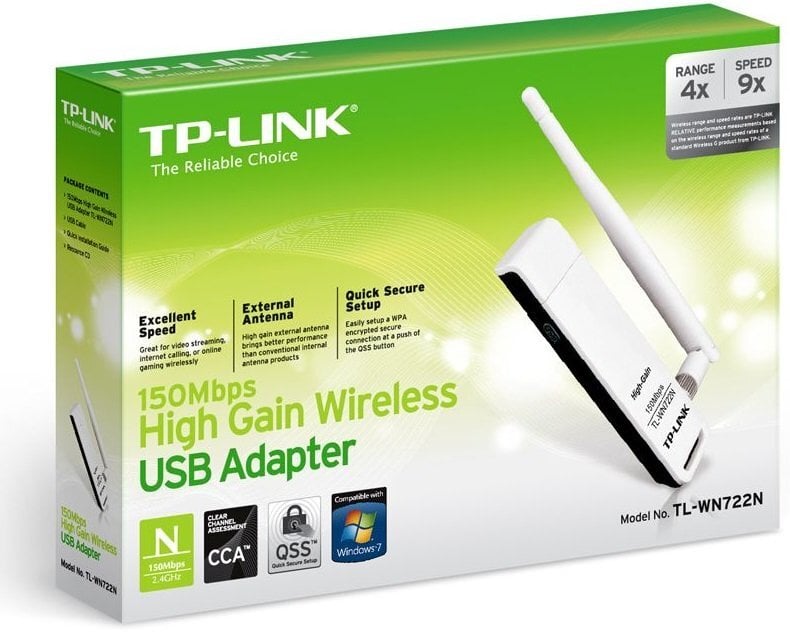 Bevielio tinklo adapteris TP-Link TL-WN722N, 802.11b/g/n, 150 Mbps цена и информация | Maršrutizatoriai (routeriai) | pigu.lt