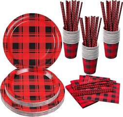 Vienkartinių indų rinkinys Buffalo Plaid, raudonas, 24 vnt. kaina ir informacija | Vienkartiniai indai šventėms | pigu.lt