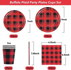 Liangnv Buffalo Plaid vakarėlio indai, raudonos ir juodos buivolų lėkštės ir servetėlių rinkinys, puodeliai, popieriniai šiaudeliai gimtadienio kalėdinio vakarėlio pietums kaina ir informacija | Indai, lėkštės, pietų servizai | pigu.lt