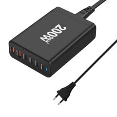 6 prievadų greitasis įkroviklis, nešiojamasis 200 W USB C įkroviklio sieninio įkroviklio adapteris, kompaktiškas kelioninis įkroviklis, skirtas iPhone 14 13 12 11 Pro Max Pixel Note Galaxy kaina ir informacija | Elementų krovikliai | pigu.lt