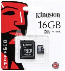 Kingston microSDHC 16GB, 10-tos klasės + SD adapteris kaina ir informacija | Atminties kortelės telefonams | pigu.lt