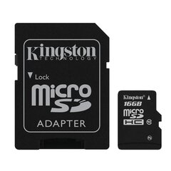 Kingston microSDHC 16GB, 10-tos klasės + SD adapteris kaina ir informacija | Atminties kortelės telefonams | pigu.lt