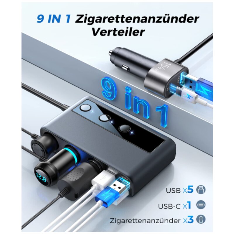 Cigarečių degiklio skirstytuvas, 154 W automobilinio įkroviklio adapteris, 3 krypčių 12 V / 24 V kištuko įkrovimo kabelio skirstytuvas su 5 USB prievadais išmaniajam telefonui / „iPad“ / „Dash Cam“ kaina ir informacija | Moto reikmenys | pigu.lt