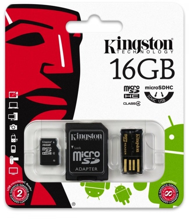 Kingston MicroSDHC 16GB + skaitytuvas USB 2.0 + SD adapteris kaina ir informacija | Atminties kortelės telefonams | pigu.lt