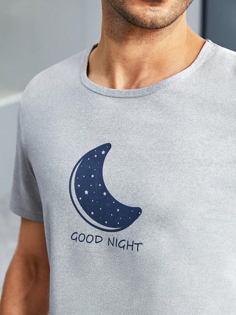 Vyriški Moon & Slogan Graphic Tee & Galaxy Print Šortai PJ Set·Multicolor·L цена и информация | Naktiniai, pižamos moterims | pigu.lt