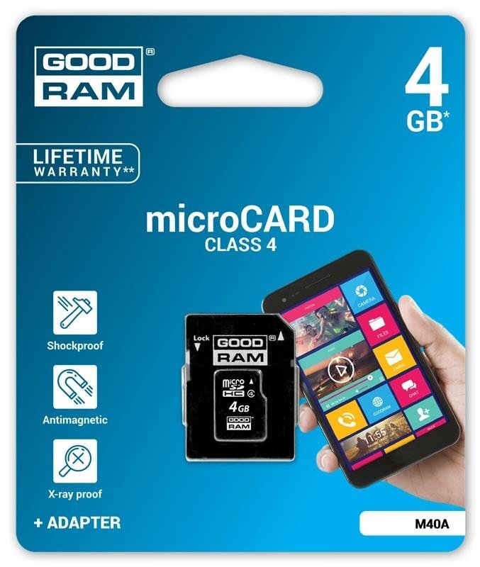 Atminties kortelė Goodram micro SDHC 4GB Class 4 +adapteris kaina ir informacija | Atminties kortelės telefonams | pigu.lt