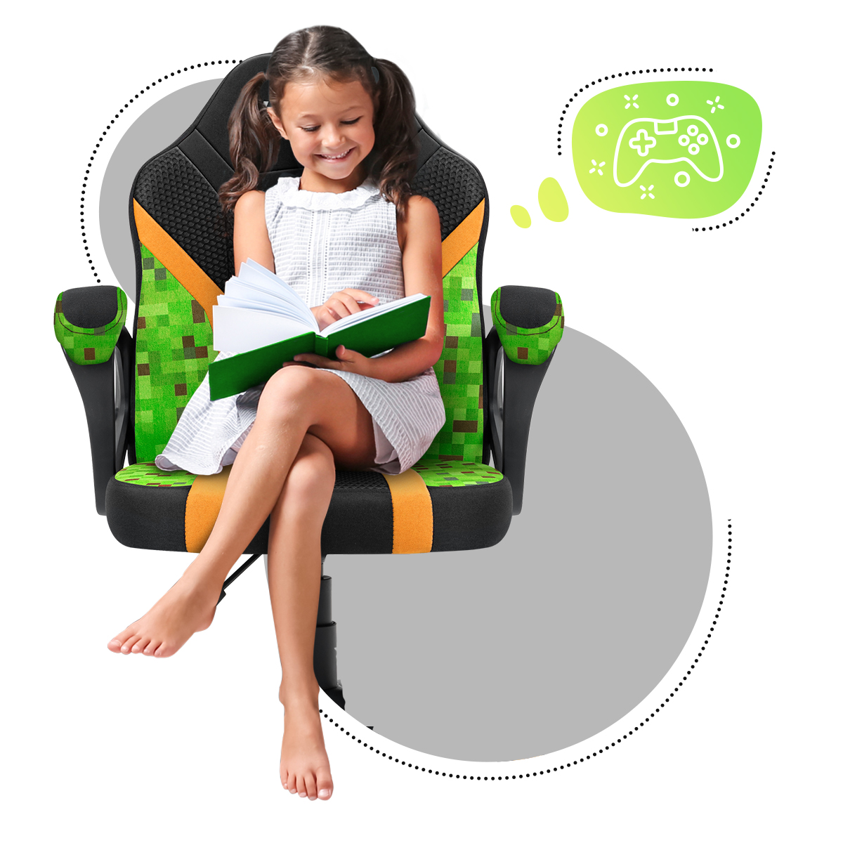 Front fotela gamingowego dla dziecka z dziewczynką czytającą książkę