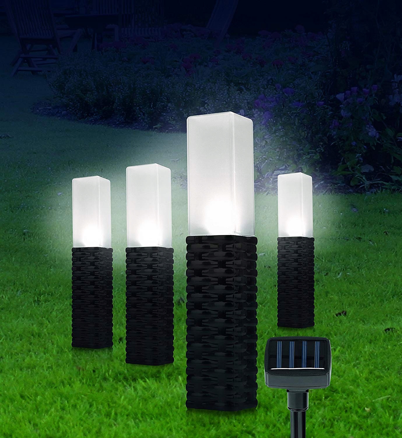 SOLAR LAMPS 4 VNT GARDEN POSTS LED lempa Papildomos funkcijos Įjungimo / išjungimo jungiklis - atsparus vandeniui