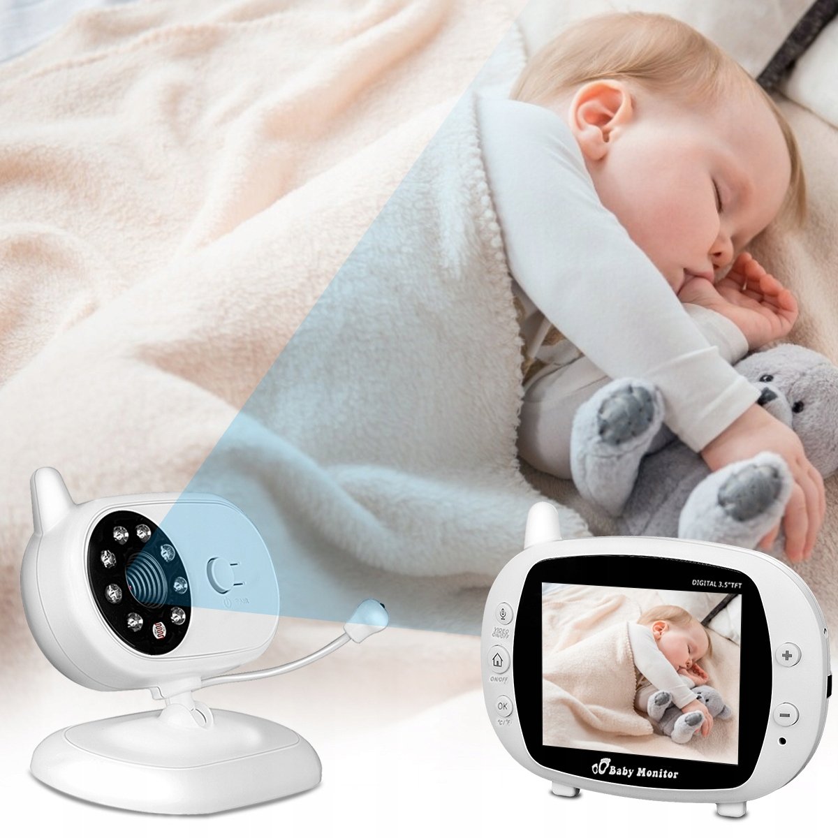 kūdikio monitorius, kamera, kvėpavimo monitorius, FullHD, dažnis 2,4 GHz