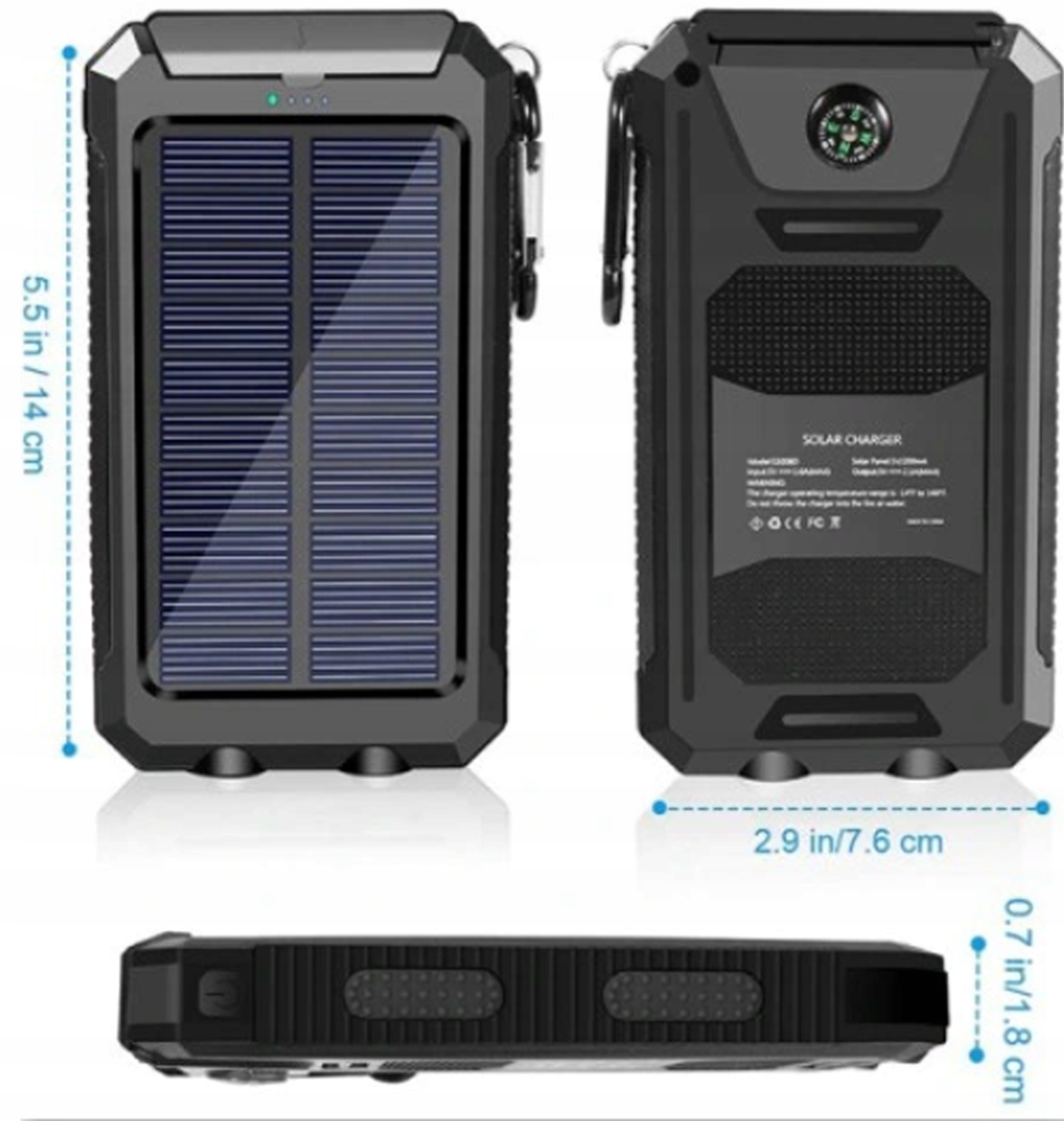 NAUJAUSIAS SOLAR POWERBANK 20000mAh 2xUSB TORCH Papildomos funkcijos valdymo diodai, atsparūs vandeniui, galimybė vienu metu įkrauti du įrenginius