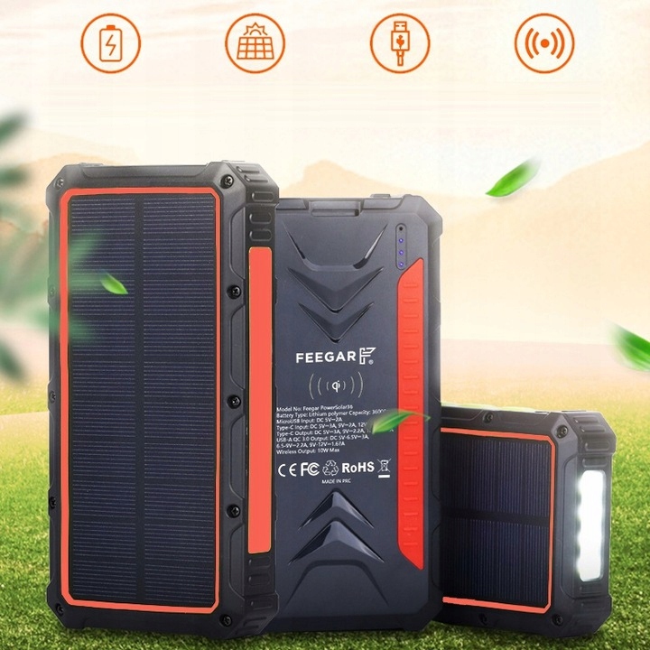 Solar Power Bank Feegar 36000mah 20W 4x USB-C QI Gamintojo kodas FEE-02000