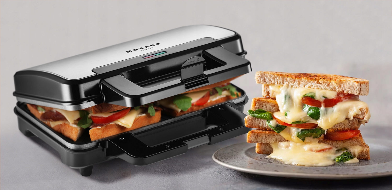 SANDWICH MAKER XL MOZANO LEivänpaahdin Lisäominaisuudet XXL iso leivänpaahdin Tarttumaton, helposti puhdistettava pinnoite Eristetty kahva Liukumattomat jalat Tasainen paahto Profiloitu syvennys estää sulan juuston läikkymisen Voit valmistaa voileipiä paahdetusta leivästä ja pulloista Kestävä koukku Nopea lämmitys Paikka pohjassa olevalle kaapelille