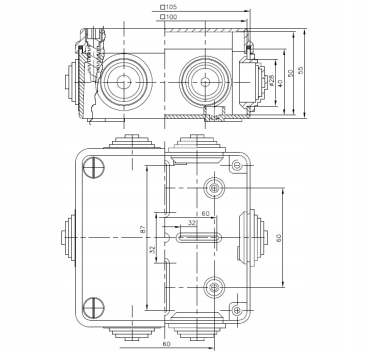 PAWBOL Ant paviršiaus montuojama dėžutė 100x100x50 IP65 S-BOX 106 Tipas Montuojama