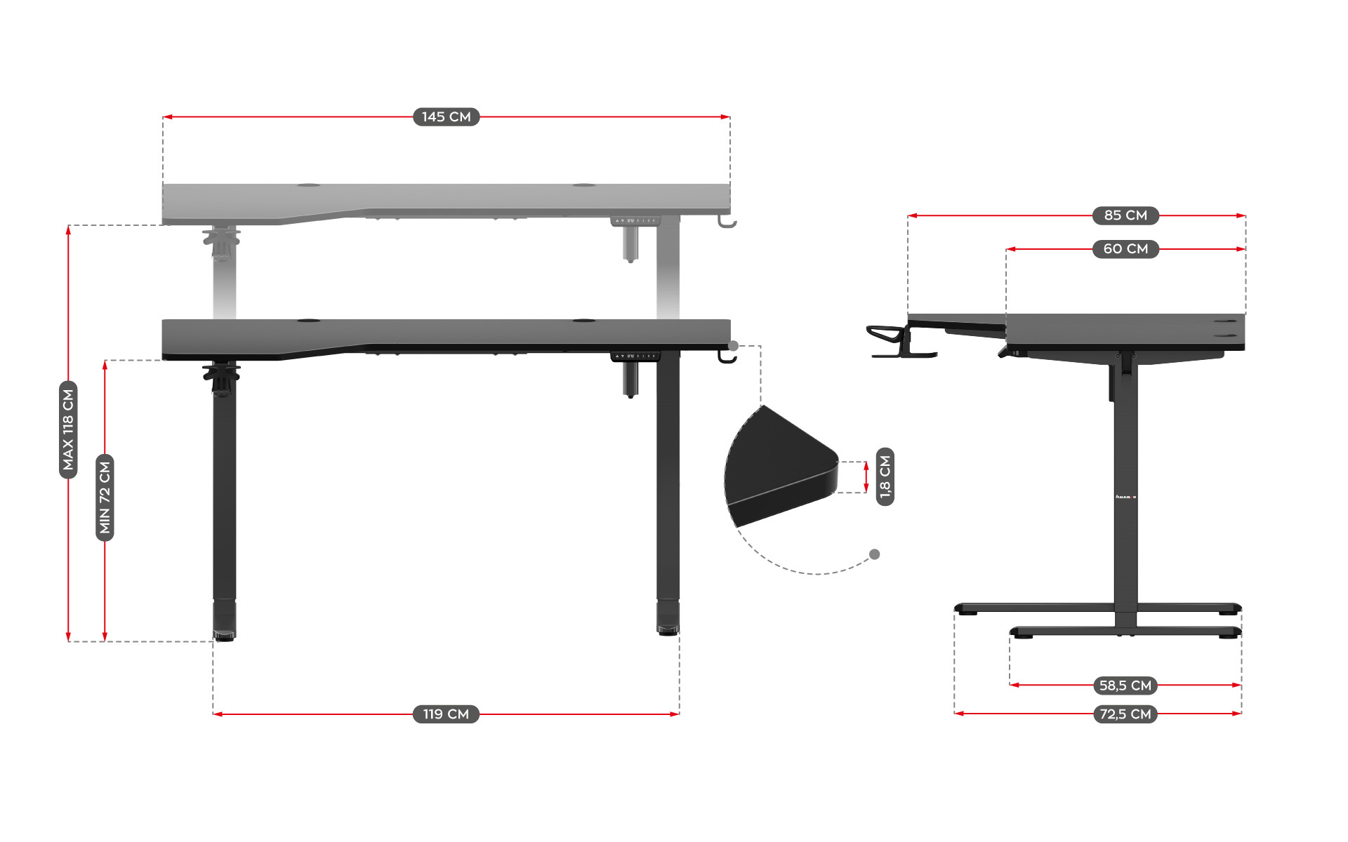 Wymiary biurka elektrycznego Huzaro Hero 9.1