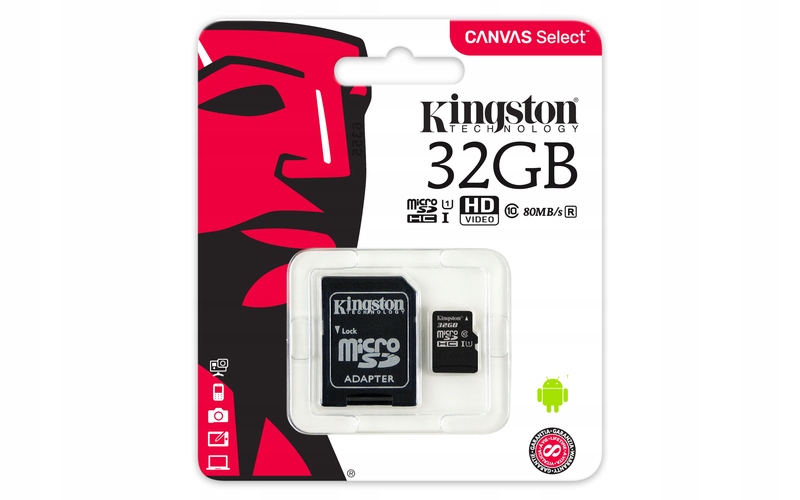 KINGSTON MEMORY CARD 32GB MICRO SD Class 10 UHS adapteris yra taip