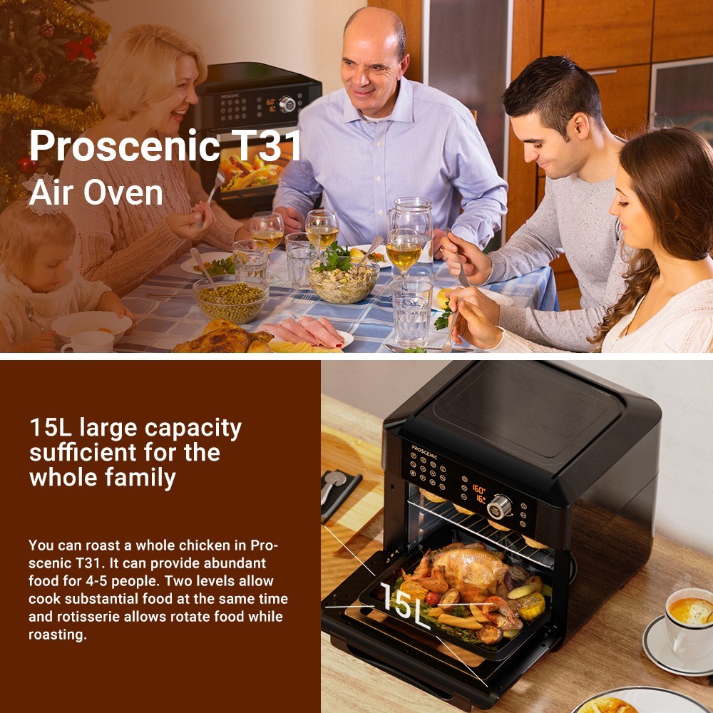 Proscenic T31 1700W Air Fryer Oven, 15L Large Capacity, 12 Presets, 360 Degree Air Circulation, Flipping Reminder, Touch Screen, APP Control