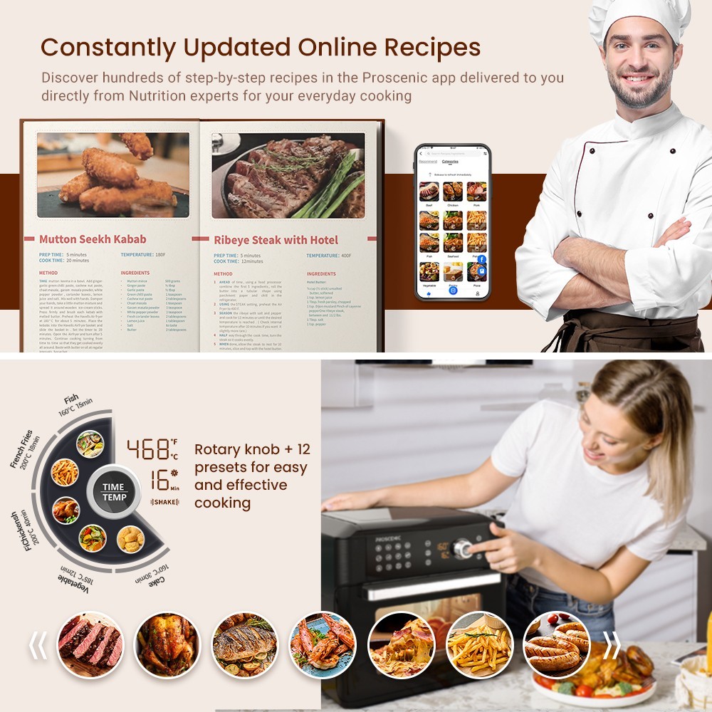 Proscenic T31 1700W Air Fryer Oven, 15L Large Capacity, 12 Presets, 360 Degree Air Circulation, Flipping Reminder, Touch Screen, APP Control