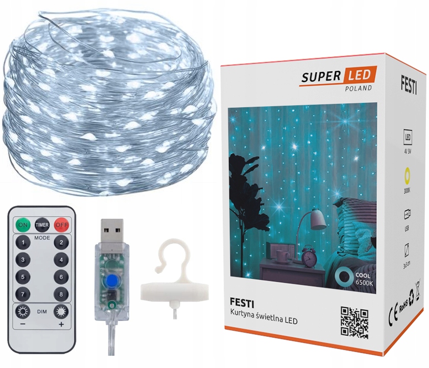 Šviesos užuolaidos 300 LED Girliandos Lempos 3x3 m USB SuperLED laidai + pultelis