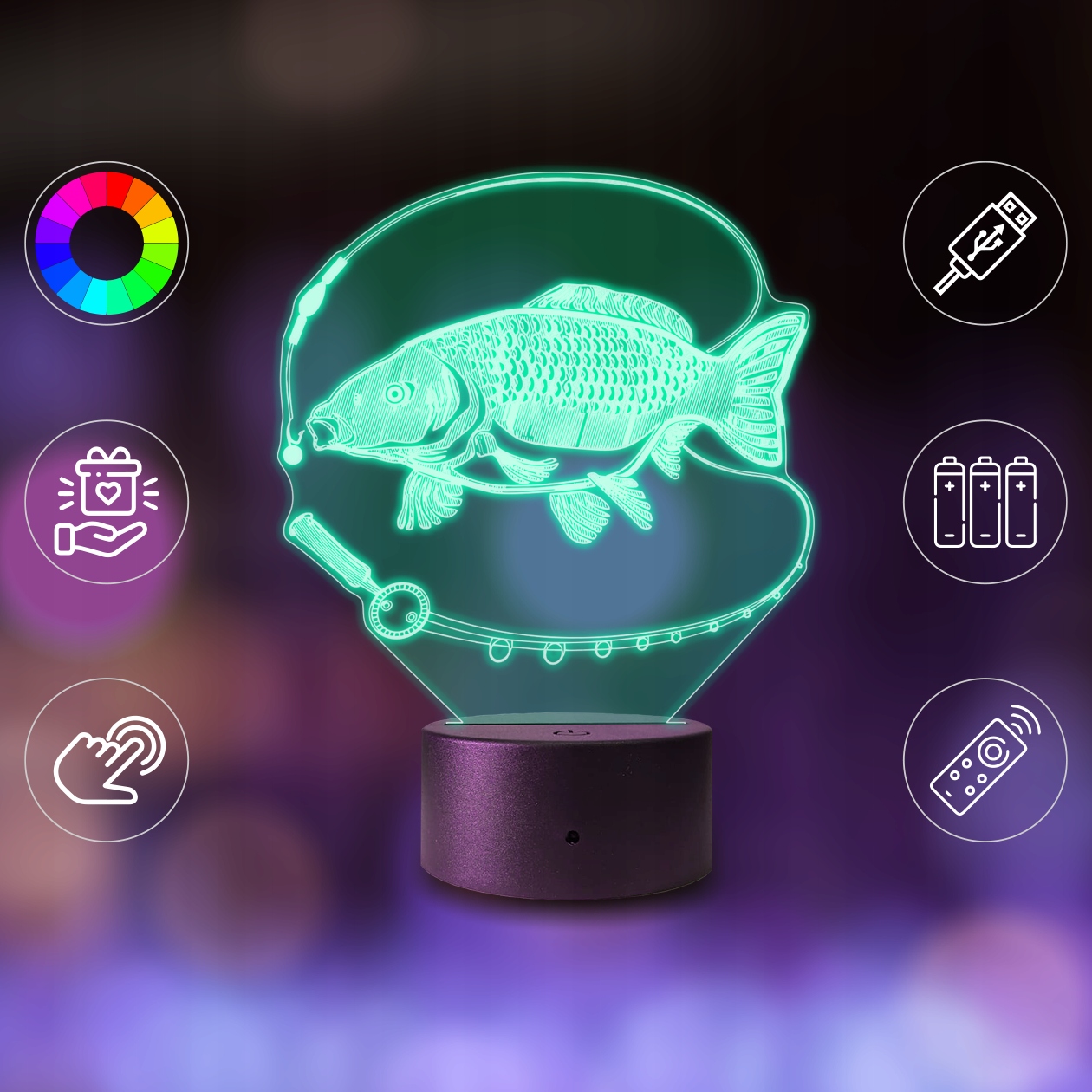 3D LED naktinis stalo lempa Žuvis Karpių žvejyba Papildoma informacija reguliuojamas šviesos intensyvumas