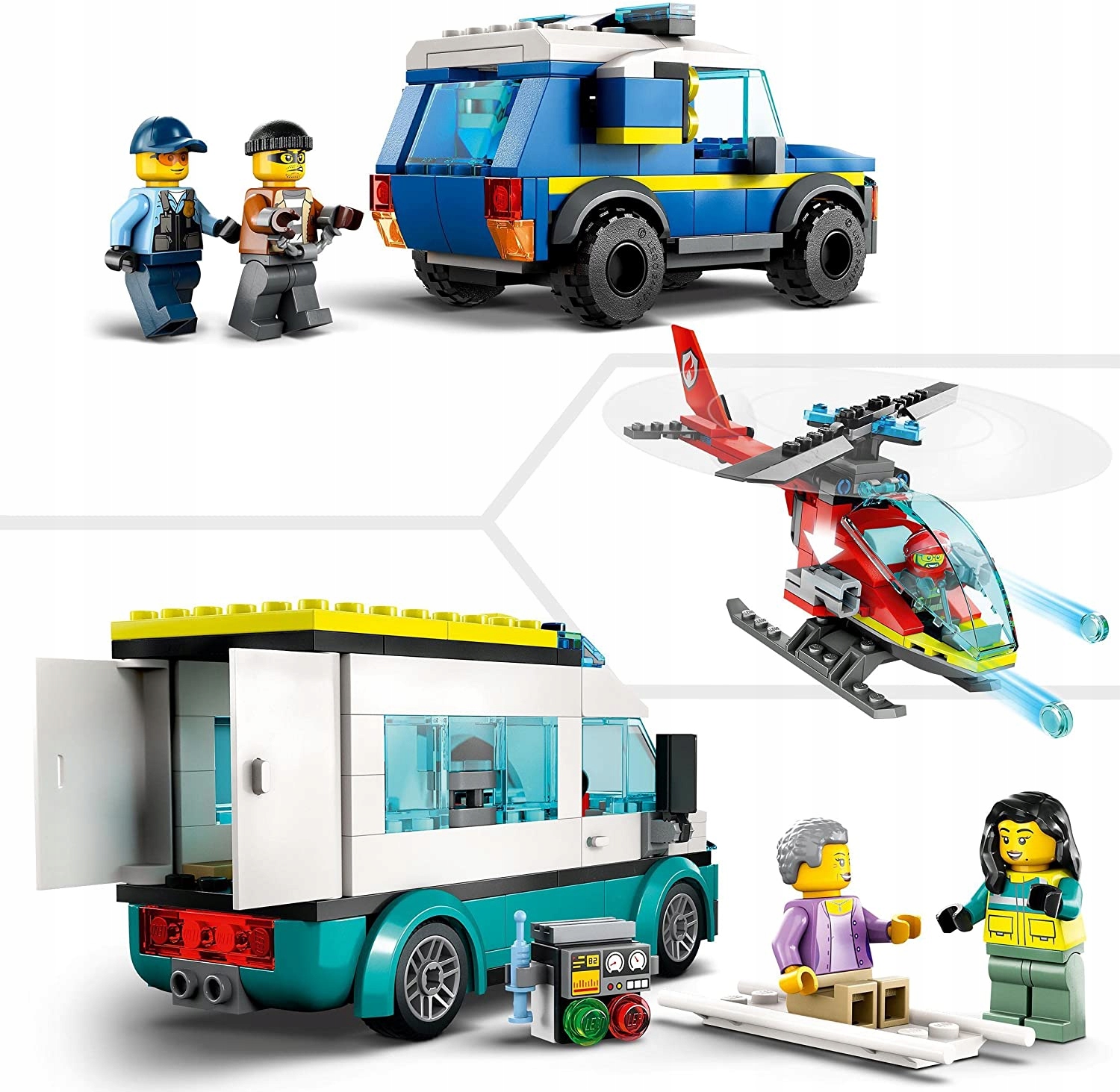 LEGO CITY 60371 SLIMNĪCAS UGUNSDZĒSĪBAS CITI POLICIJAS IESTATĪJUMS POLICIJAS IESTATĪJUMS Norādītais nosaukums Ugunsdzēsēju brigādes ātrās palīdzības vadības centra apsardzes bāze 3-in-1 helikoptera policijas automašīna