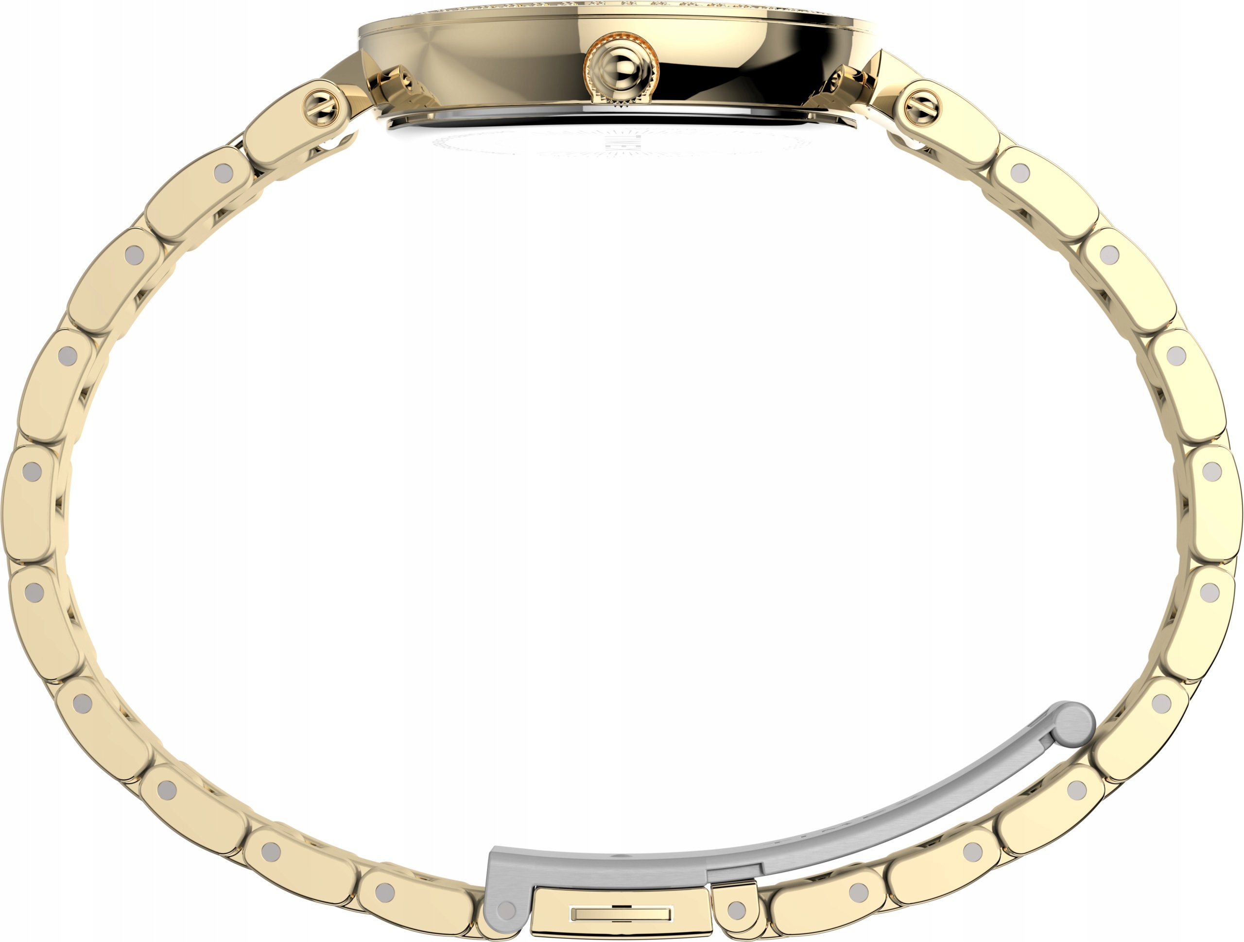 Moteriškas auksinis Timex juvelyrinis laikrodis, apyrankė, kubinis cirkonis, juodas ciferblatas. Timex prekės ženklas