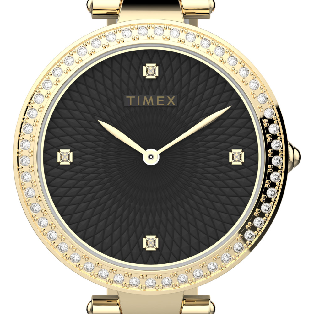 Moteriškas auksinis Timex laikrodis, juvelyrinė apyrankė, cirkoniai, juodas ciferblatas Kvarcinis mechanizmas