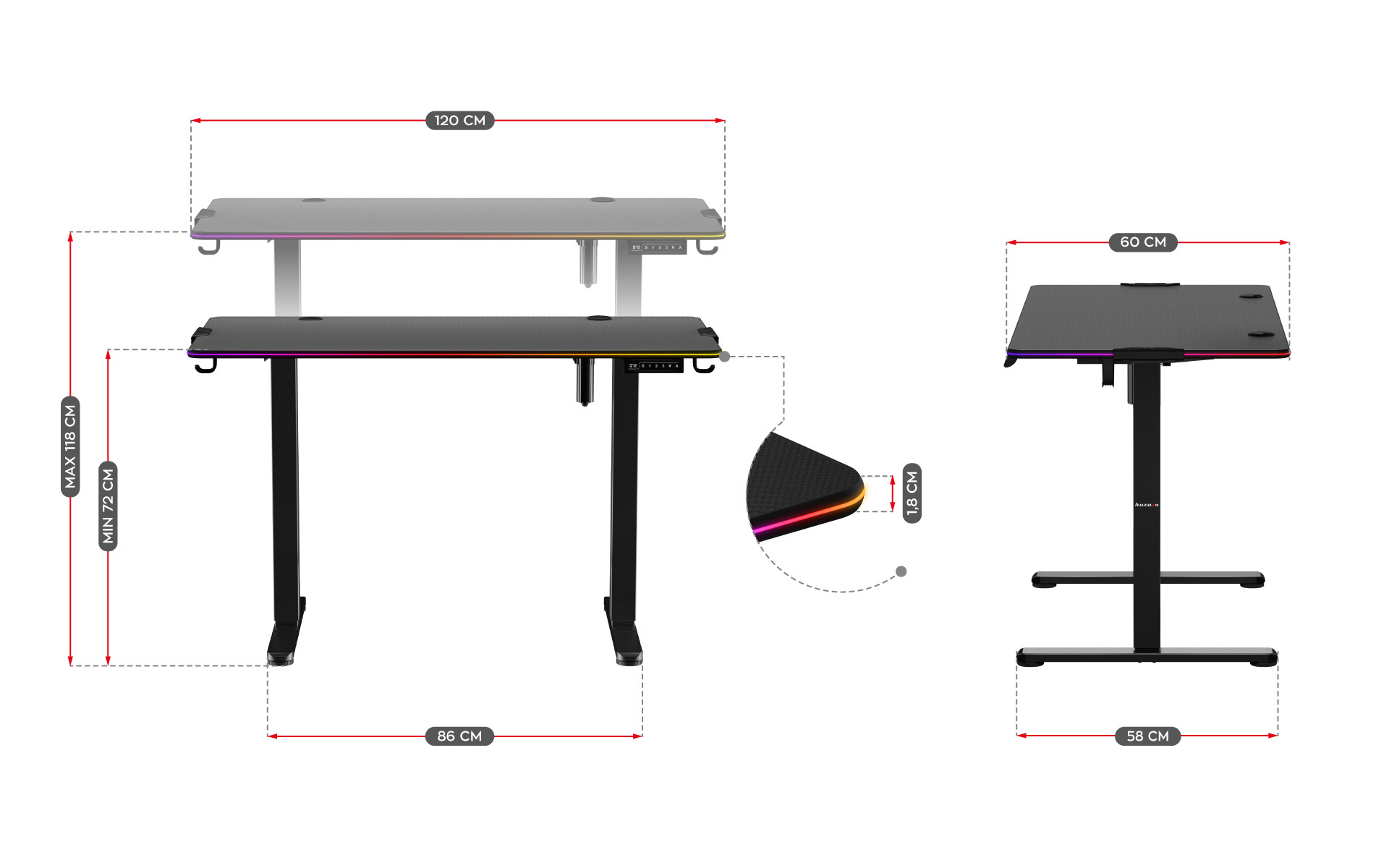 Wymiary biurka elektrycznego Huzaro Hero 8.2 RGB