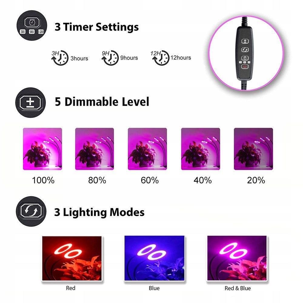 LED augalų auginimo lempa Grow PL-07 30W Apšvietimo tipas: stovimas lempa