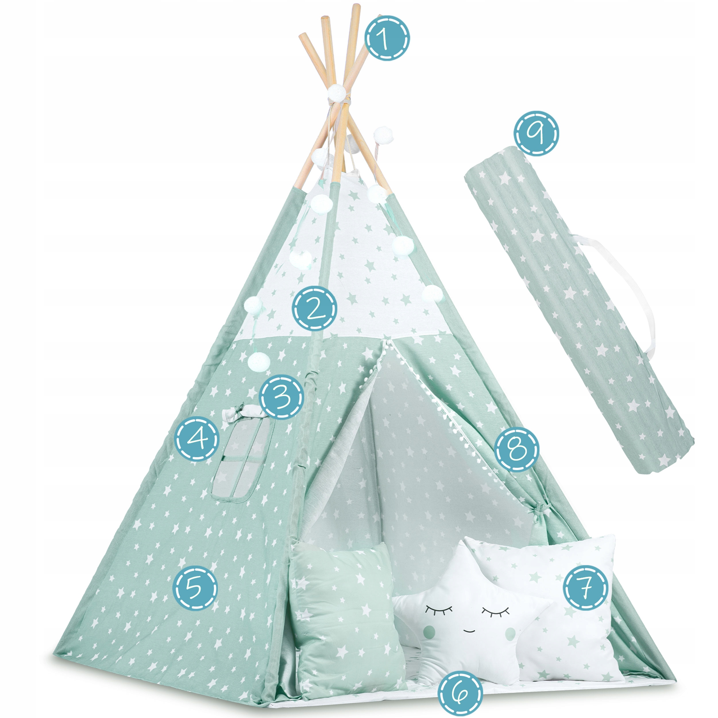 TIPI vigvamo palapinė vaikams TEEPEE Girland Cushions Stabilizatorius Nukido Hero nėra