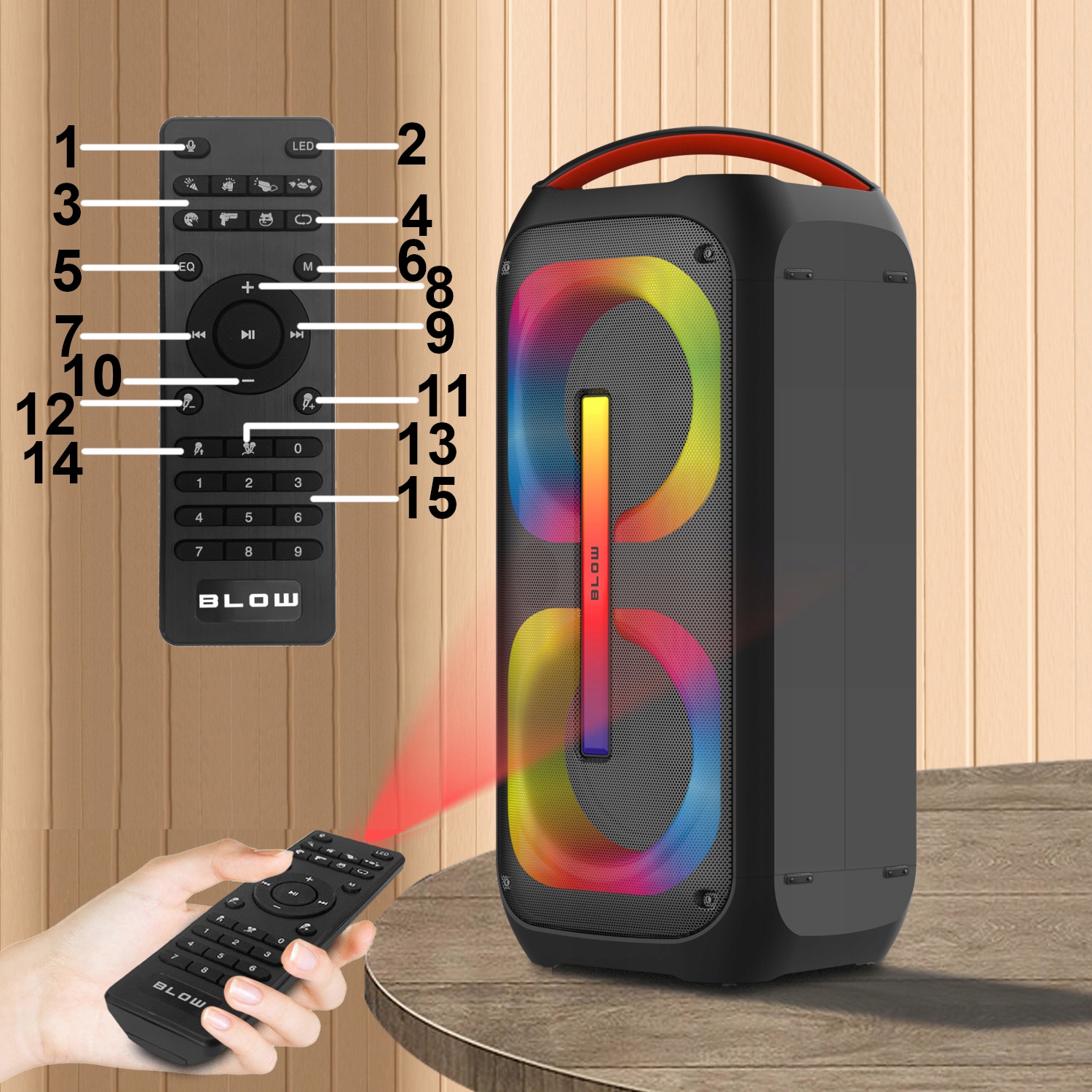 BLUETOOTH GARSIAKARIALIS USB SD NEŠIOJAMASis BOOMBOX RGB MIKROFONO NUOTOLINIO NUSTATYMO RINKINYS Brand Blow