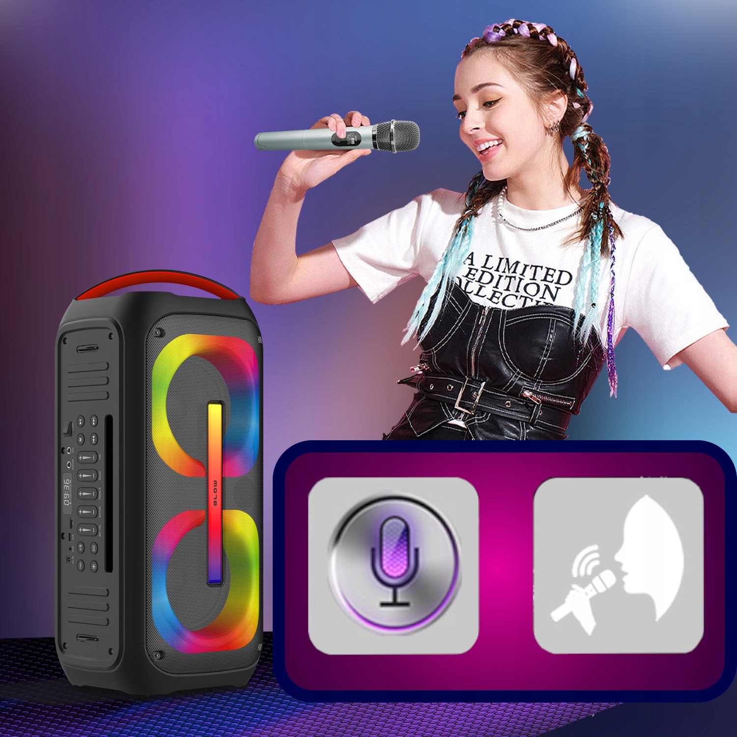 BLUETOOTH GARSIAKARIASIS USB SD NEŠIOJAMASIS BOOMBOX RGB MIKROFONO NUOTOLINIO NUSTATYMO RINKINYS Maitinamas su baterijomis ir iš tinklo