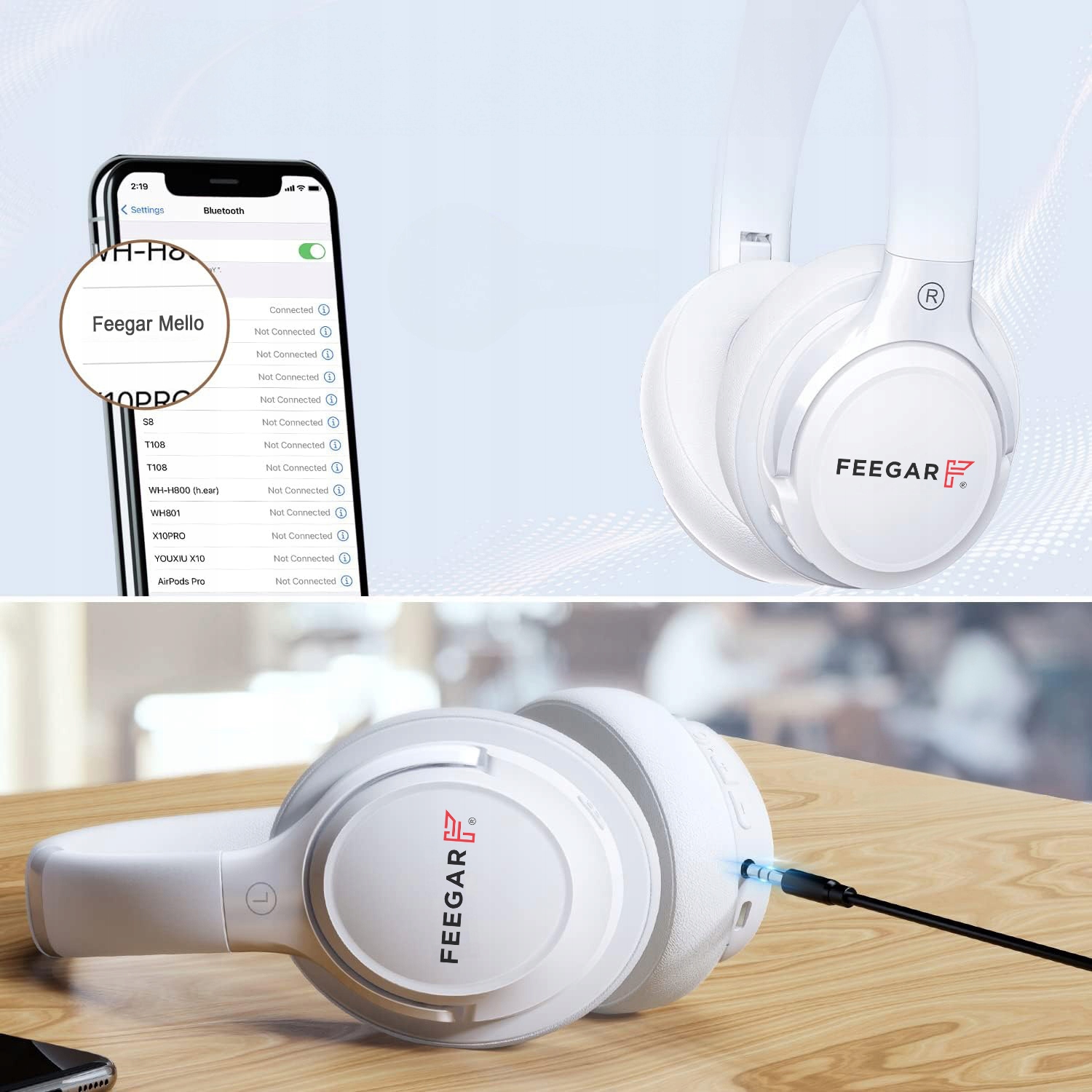 FEEGAR į ausis įdedamos belaidės ausinės 65H Bluetooth 5.3 mikrofonas 6xEQ Dominuojanti balta spalva