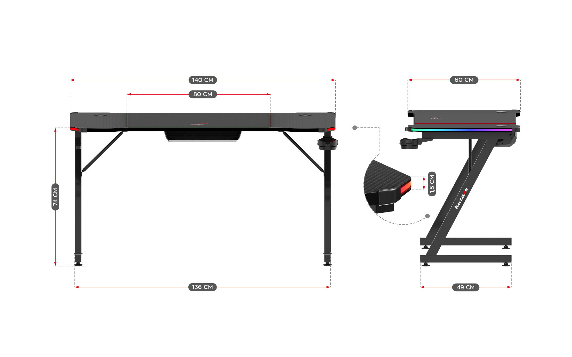 Wymiary biurka Hero 3.3 RGB
