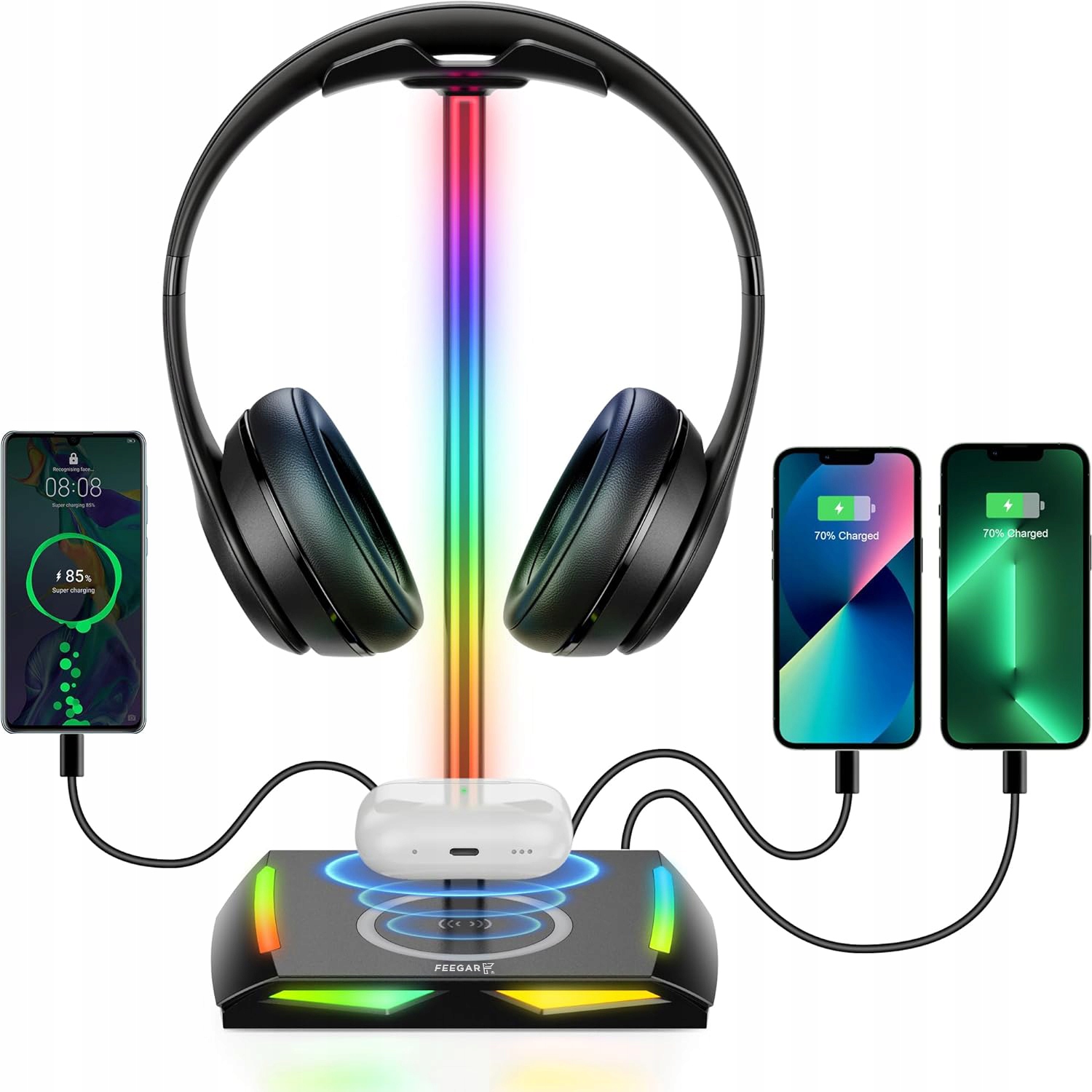 FEEGAR HOLD AUSINIŲ STOVAS RGB apšvietimas HUB 3x USB Type-C indukcija