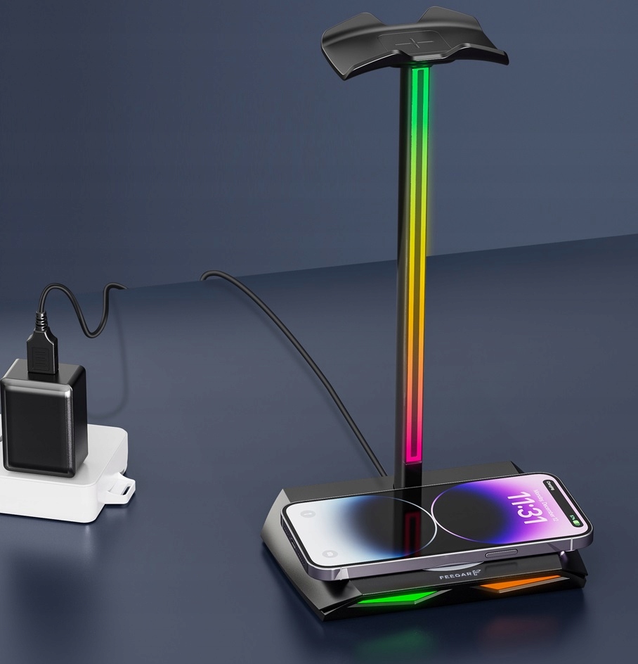 AUSINIŲ STOVAS FEEGAR HOLD RGB foninis apšvietimas HUB 3x USB Type-C indukcinis prekės ženklo Feegar